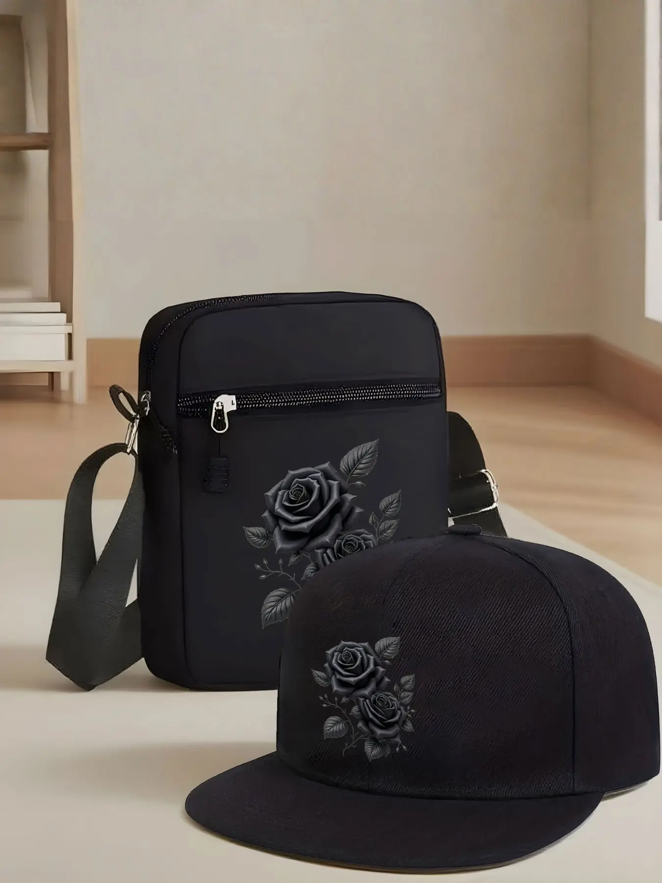 Dark Rose Graphic Print Unisex Baseball Cap and Crossbody Bag Set, Street Fashion Outdoor Sports Hat and Shoulder Bag, Adjustable Gift, Fashion Matching Hat, Adjustable Snapback Cap, Casual Outfits Cap, Polyester Cap