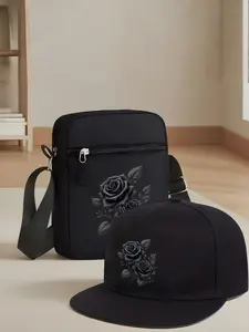 Dark Rose Graphic Print Unisex Baseball Cap and Crossbody Bag Set, Street Fashion Outdoor Sports Hat and Shoulder Bag, Adjustable Gift, Fashion Matching Hat, Adjustable Snapback Cap