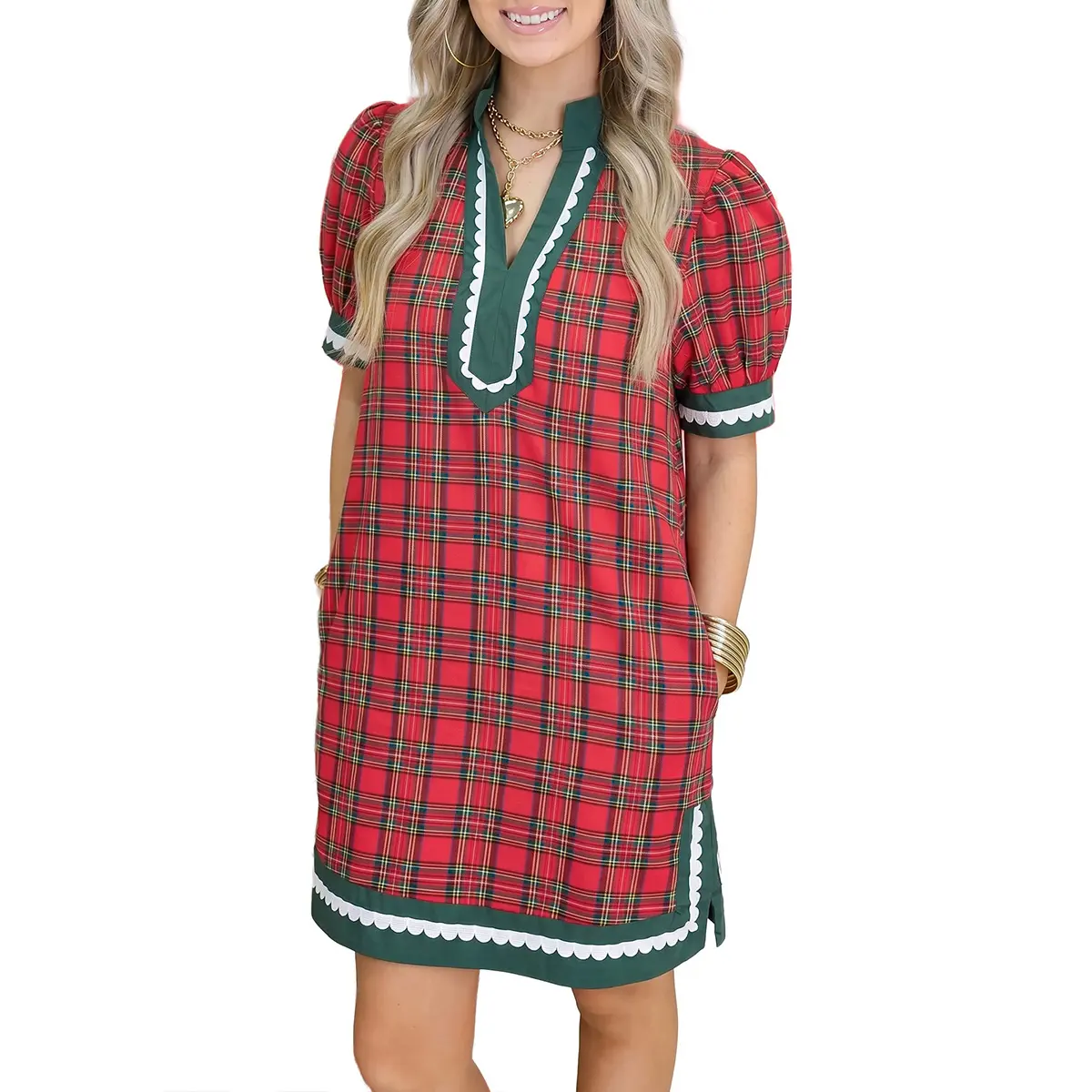Mntaor Women's Classic Holiday Red Plaid Shift Dress - Retro Puff Sleeves, Contrast Green Trim, Christmas Mini Dress for Church Services, Winter Celebrations,Daily Wear
