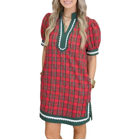 Mntaor Women's Classic Holiday Red Plaid Shift Dress - Retro Puff Sleeves, Contrast Green Trim, Christmas Mini Dress for Church Services, Winter Celebrations,Daily Wear