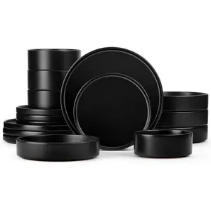 Dinnerware Sets with Pasta Bowls for 4, 16 count Dinner Salad Plates and Cereal Serving Bowls, Stoneware Dishes Dinner Ware for Home Kitchen, Chip & Scratch Resistant, Matte Black