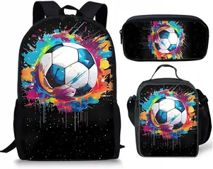 Colorful Splash Ink Watercolor Soccer Ball 3PCS Kids Backpack Set, Waterproof Large Capacity School Bag with Insulated Lunch Box & Pencil Pouch, Black Star Background Rainbow Paint Drip Football Print Student Bookbag for Boys Girls Youth Soccer Sports