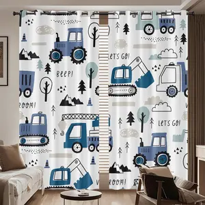 2-piece pole perforated curtain cartoon engineering truck excavator theme print double-sided matte fabric high light-blocking suitable for living room children bedroom and outdoor home decoration Privacy Grommet Curtains