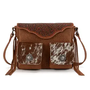 Trinity Ranch Western Cowhide Crossbody Bag for Women with Multi-packet & Floral Embossed Design