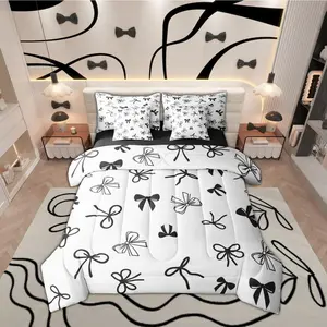 Bow 7 Piece Bedding Set,Bow Tie Comforter Set with Sheets Kawaii Cartoon Bowknot Bed in a Bag Fashion White Black for Kids Girls Women