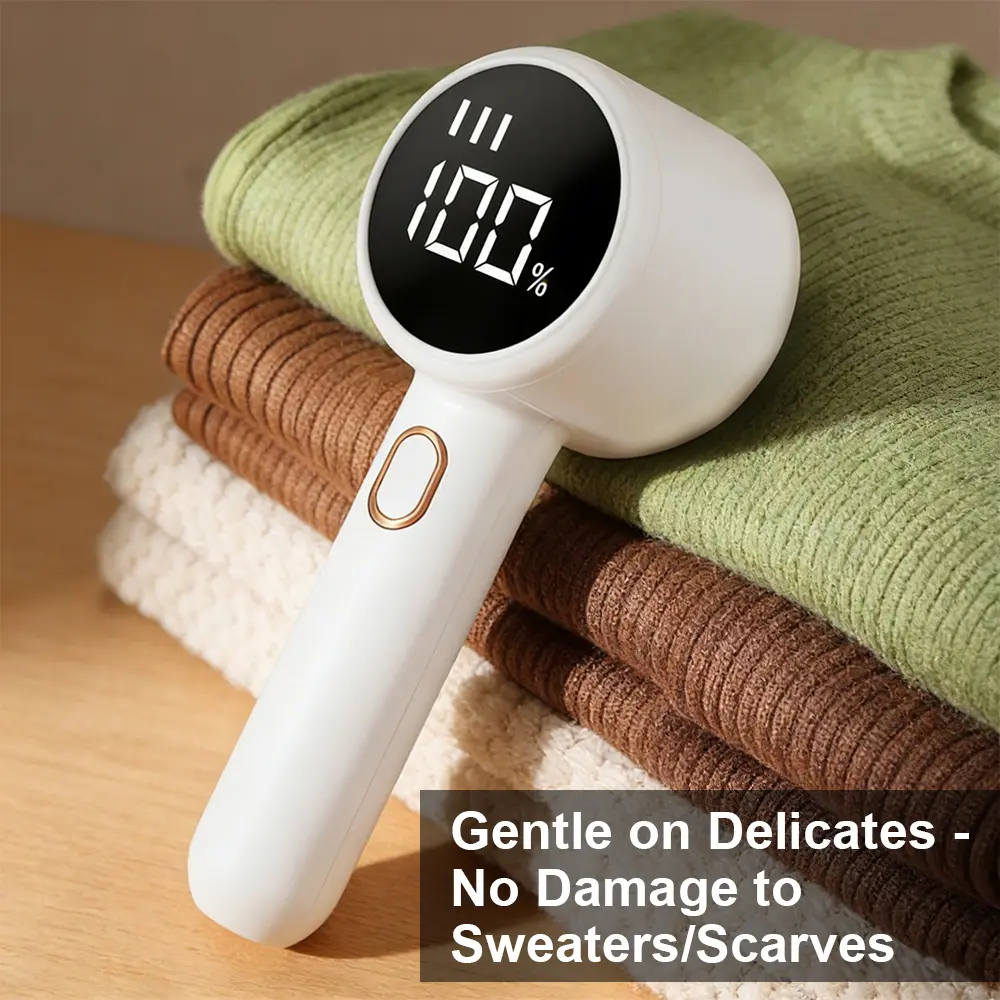 Handheld Rechargeable Fabric Shaver with 6-Blade Technology, LED Display, 3 Speed Levels, 2600mAh Battery, Compact Home Lint Removal Appliance, 2.4x2.3x6in, 2-Hour Charge, Safe Portable Travel-Friendly for Clothes, Couch, Handheld Form, Honeycomb Mesh