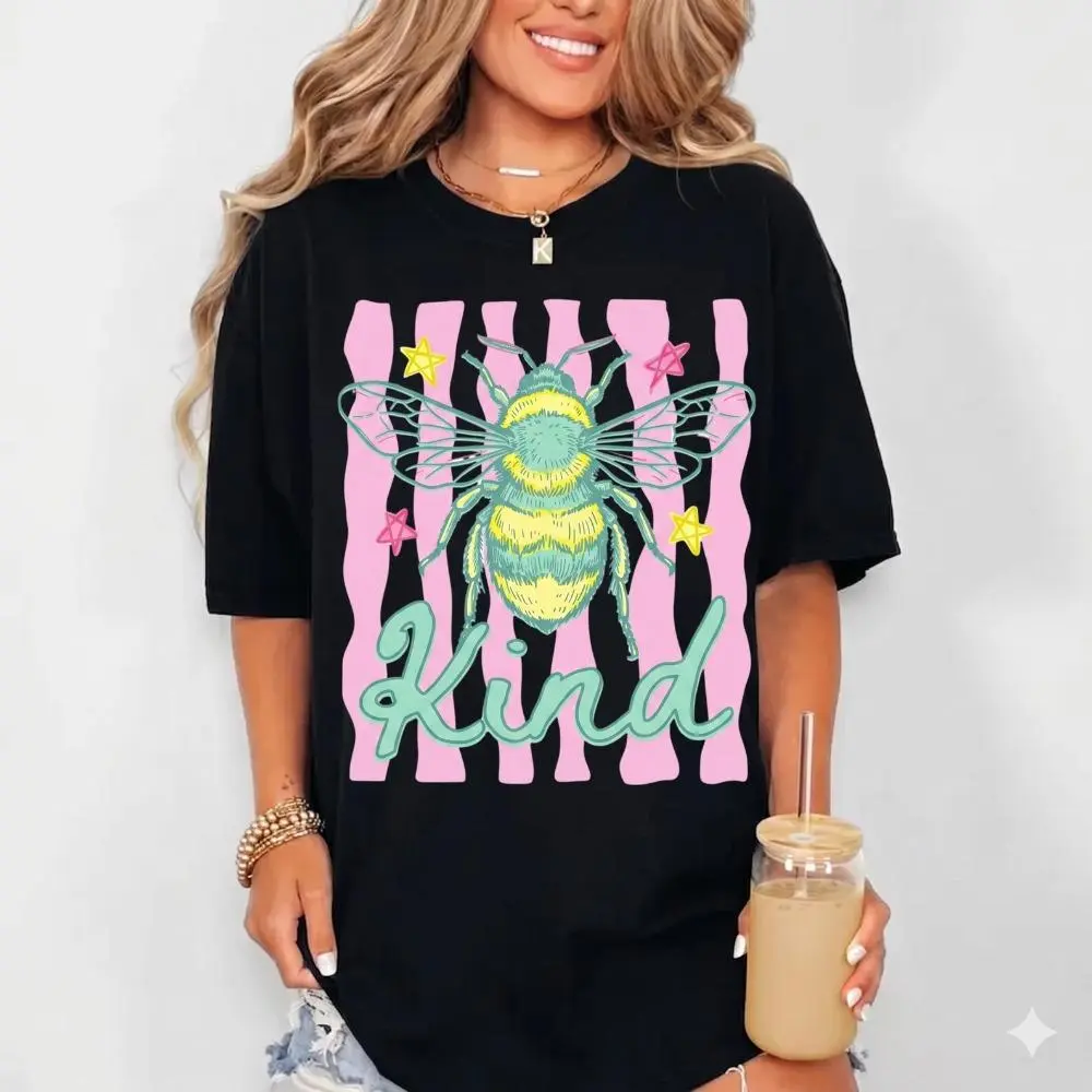 Women's Heavyweight Cotton Tee, Retro Vintage "Kind" Bumblebee Graphic Crew Neck T-Shirt, Made in USA, Round Neck, Graphic Front, Basic, Tshirt, Casual, Essential, Fabric