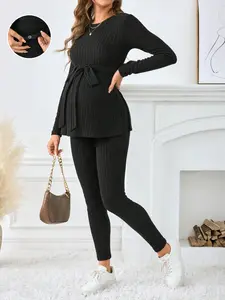 Maternity Women's Solid Color Ribbed Knit Long Sleeve, Ribbed Knit Set
