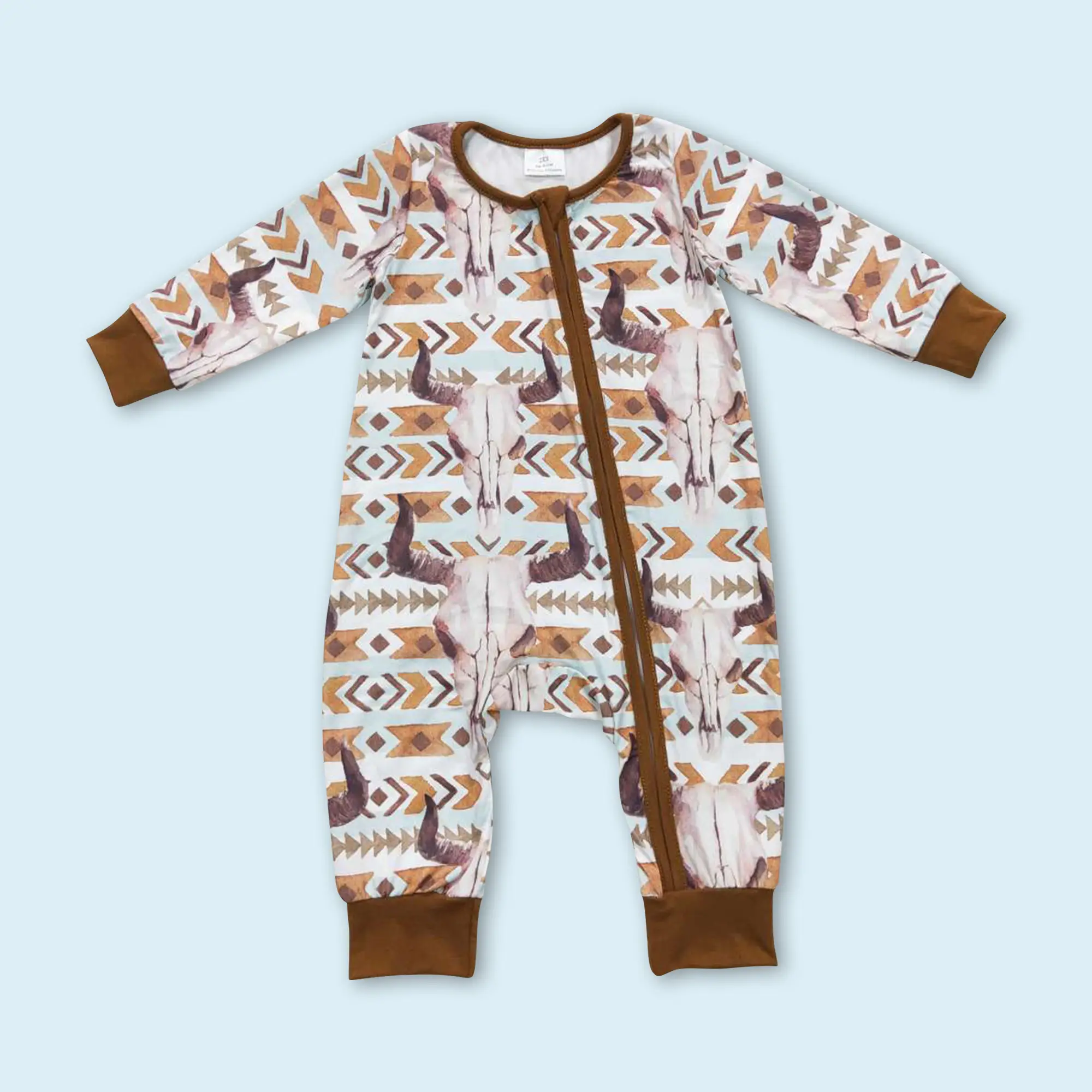 Western cowboy bull skull long sleeve zip romper