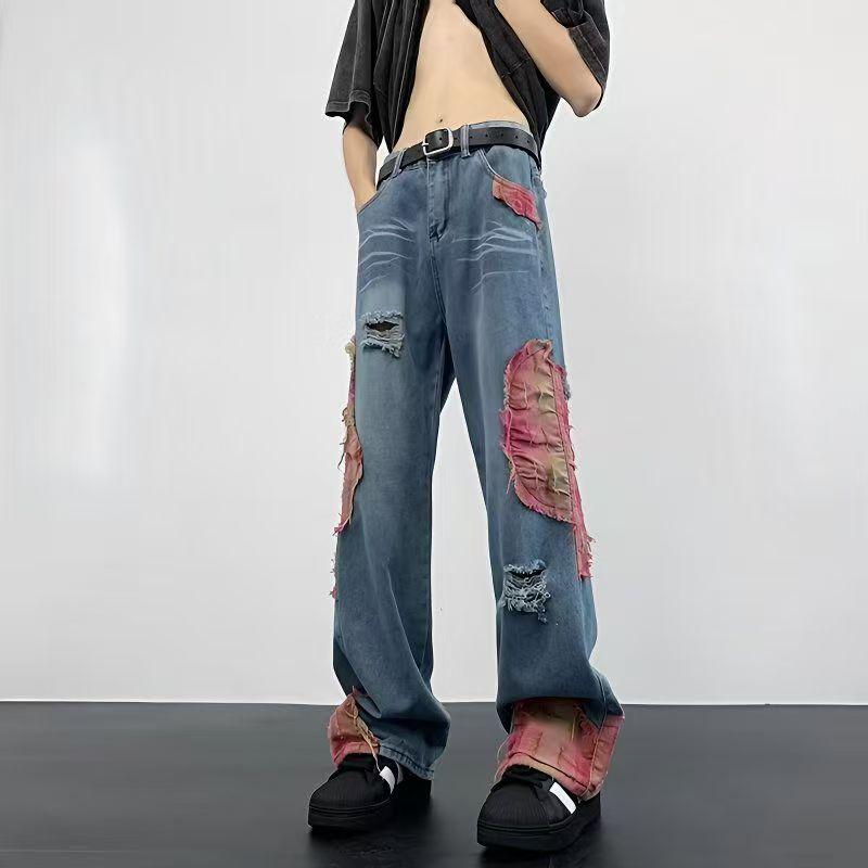 High Street Hip-Hop Flared Jeans for Men And Women Summer Street Design Splicing Mopping Pants, for Outdoor(button Holes Not Opened At Waist)