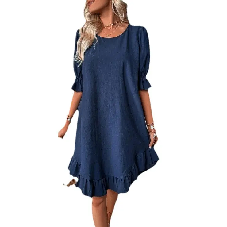 Women's 2026 Spring Cotton-Linen Medium-Length Comfy American-Style Casual Dress - Basic Round-Neck Half-Sleeve Solid Color Loose-Fit Flared Minimalist Dress, Spring Dresses 2026, Cotton-Linen Casual Dresses Chic Womenswear