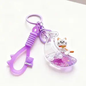 Lucky Cat Liquid Floating Keychain Cute Kitten Moon-Shaped Glitter Keychain Silicone Cat Ear Wrist Strap Keychain Trendy Bag/Key Fashion Accessory
