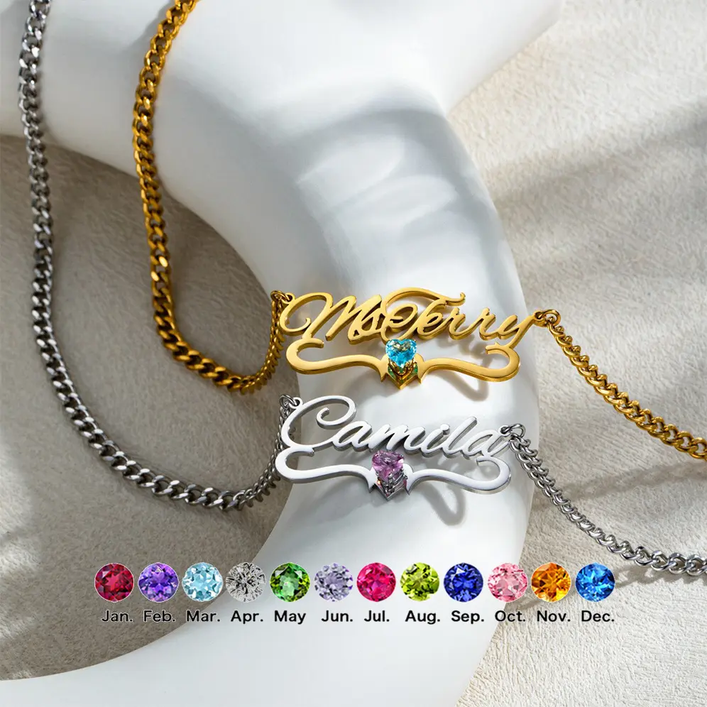 Personalized Necklaces for Women with Custom Name, Stainless Steel Interlocking Circles & Birthstone, Love-Themed Gift for Her, Name Necklace, Custom Name Necklace