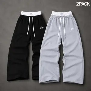 Mens 2 Pack Wide Leg Sweatpants Double Waistband Printed Graphic Baggy Track Pants Loose Fit Open Hem Lounge Bottoms with Drawstring Side Pockets Streetwear Sweatpants Outfit Gym Campus Travel Daily Wear Y2K Athleisure