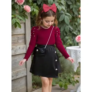 Girls Fall Fashion Outfit Trendy Kids Ruffle Sleeve Sweater & Faux Leather Skirt Set Little Girl's Boutique Style Two-Piece Dress for 4-7 Year Olds Cute & Stylish Toddler Girl Clothing Perfect for Autumn School & Playtime Machine Washable