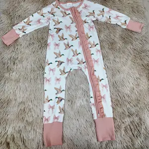 Long sleeves bow duck printed baby girls ruffle zipper sleeper hunting romper