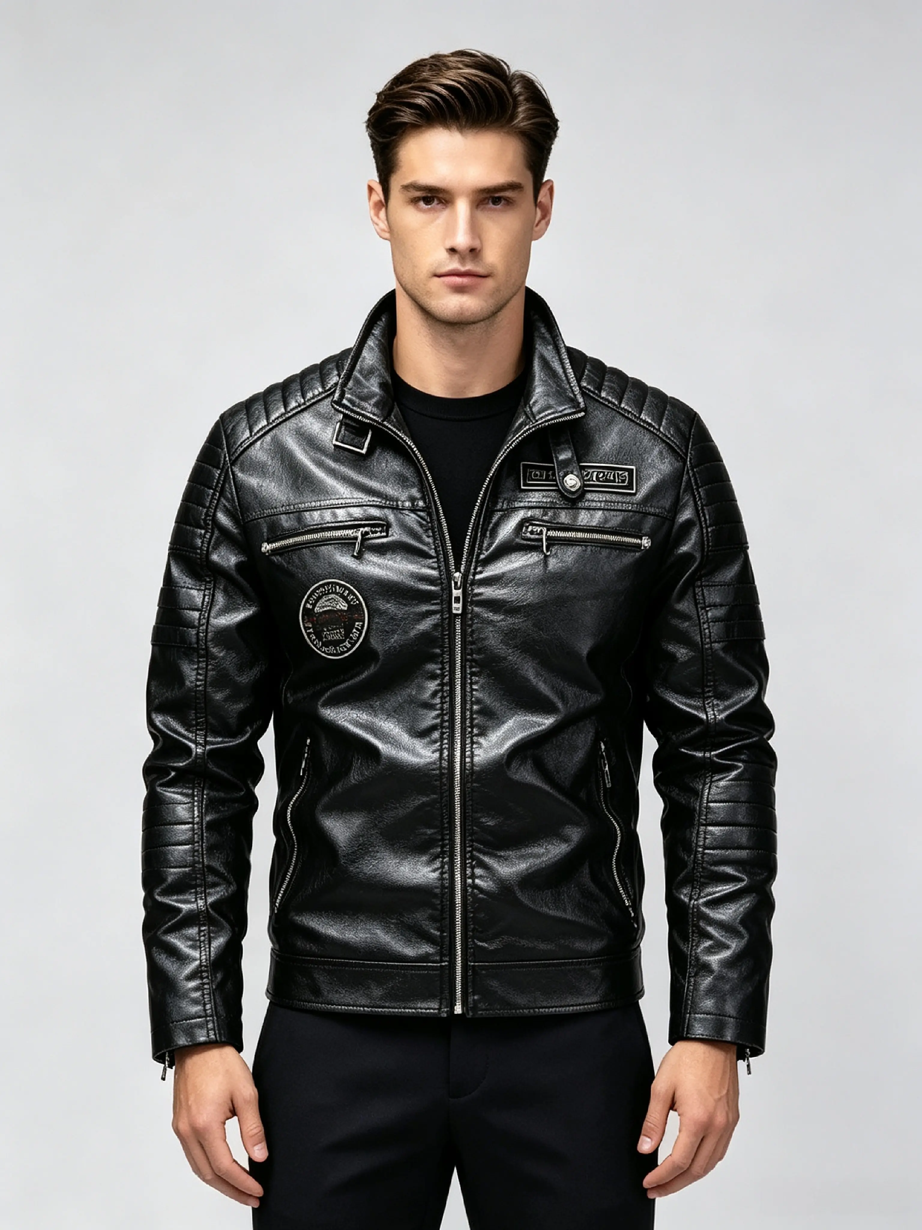 Men's winter fleece-lined casual leather jacket