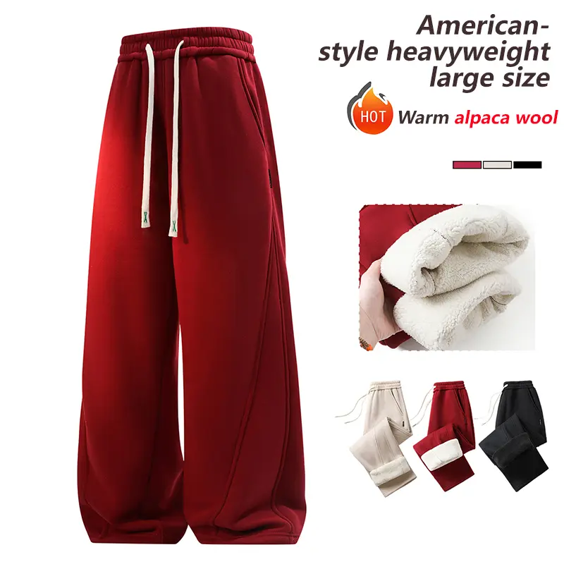 Men's Winter Fleece-Lined Warm Joggers with Drawstring Closure, Soft Knit Fabric, Retains Shape, Ideal for Running & Hiking, Casual Long Pants, 100% Polyester, Regular Fit - Available in Black, Apricot, Red, Perfect for Christmas & New Year Celebrations