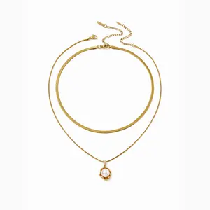 Cider 18K GOLD PLATED STAINLESS STEEL FAUX PEARL LAYERED NECKLACE