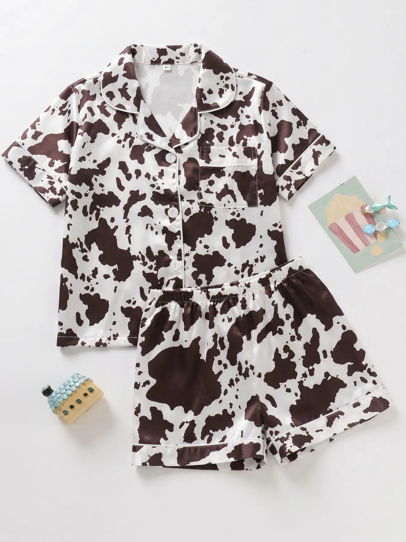 Girls' 2-Piece Pajama Set, Cow Print, Printed Sleepwear Set, Button Front Short Sleeve Top + Elastic Shorts, All Season Comfortable Satin Fabric, Summer Pjs, Pj Sets, Pyjamas Set