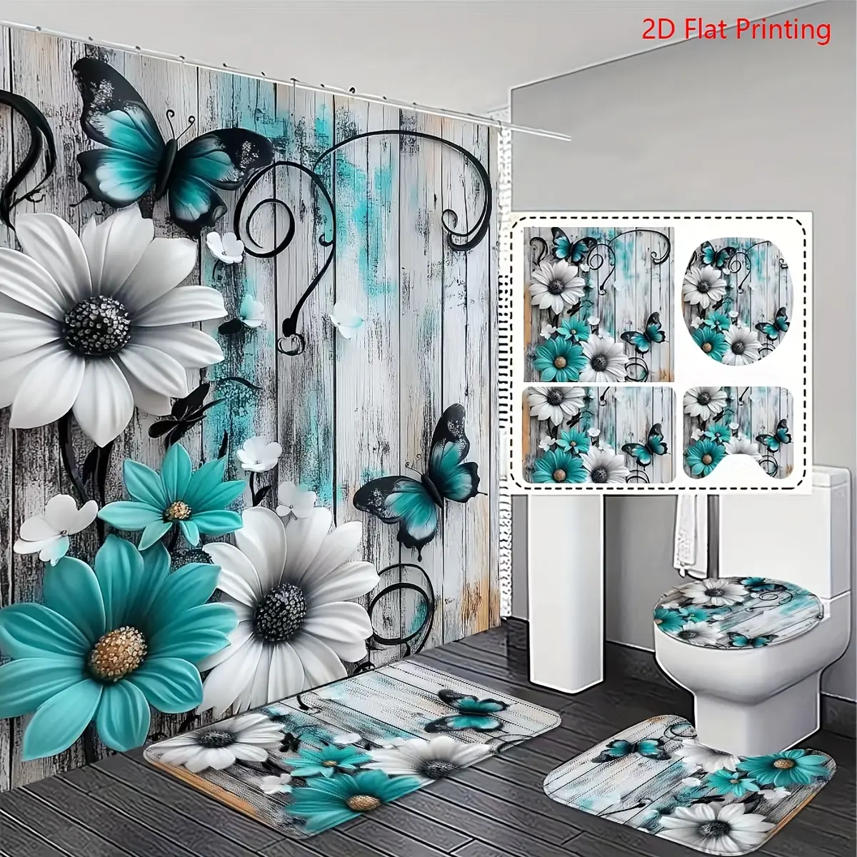 2D FLAT Printing 4pc Set, Fashionable and Simple Teal and White Floral Butterfly Bathroom Set - Shower Curtain Non-Slip Rugs, Toilet Lid Cover, Exquisite and Practical Home Decoration Gifts., 2D Flat