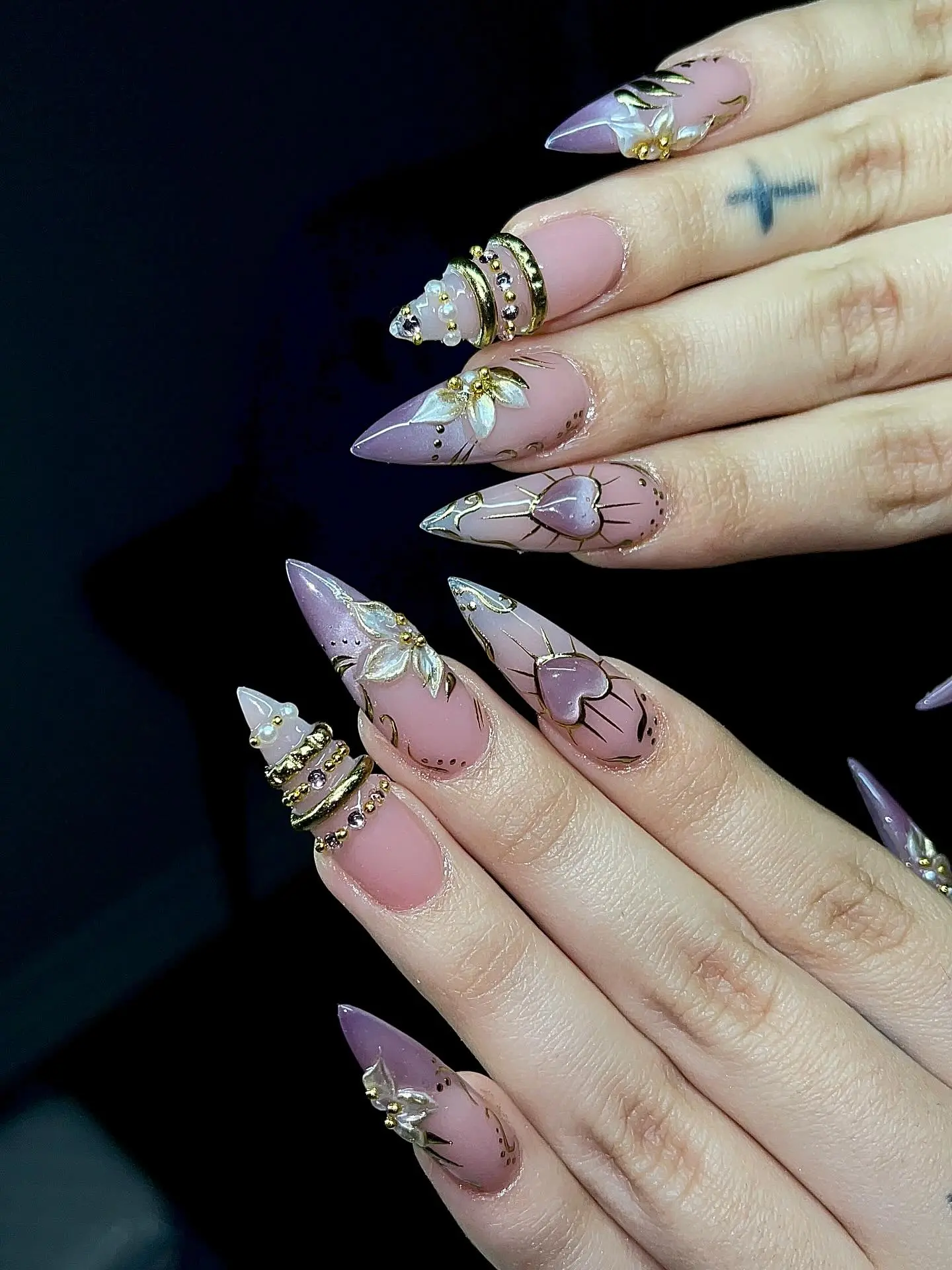 Luxury Dusty Pink Heart Press On Nails Handmade  Long Stiletto 3D Gold Chrome Floral Fake Nails  Romantic Coquette Acrylic Glue On Nail Set  Reusable Elegant Valentine's Day Nails for Women