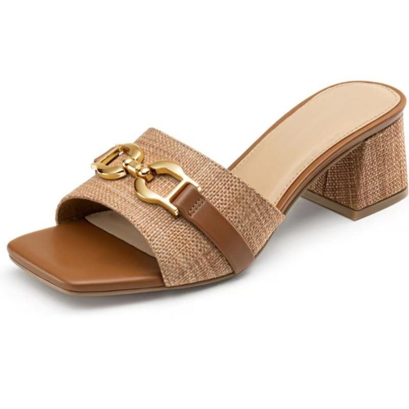 Women's Raffia Heeled Sandals Square Open Toe Slip On Mules Chunky Block Heels with Metal Chain for Summer Vacation
