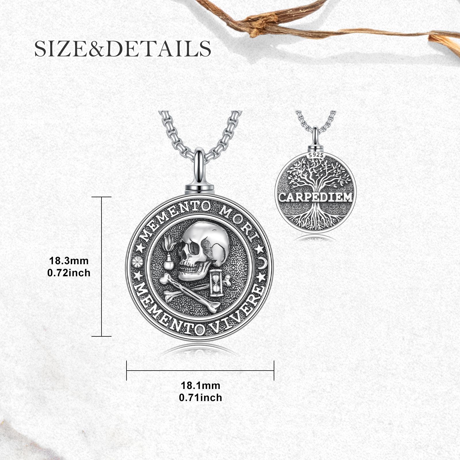 MEIDERBO Dream Chaser Memento Mori Urn Necklace 925 Sterling Silver Oxidized Finish Carpe Diem Pendant Captain Steel Style Stainless Steel Bead Chain 22+2 Inch