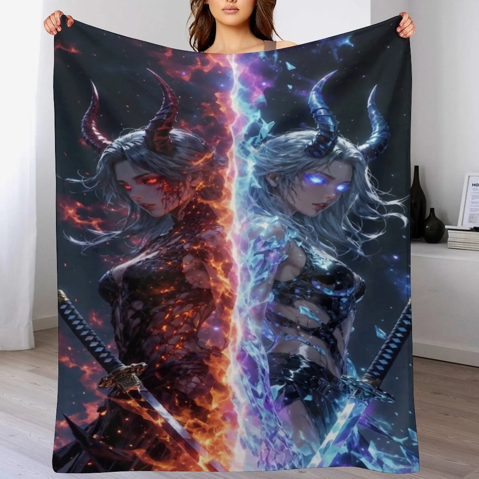 "Ice and Fire" Enchanted Twins 1-Piece Soft Portable Throw Blanket - Yin Yang Ghost Samurai Dark Fantasy Bedroom Cover, Gothic Dual Aesthetic Home Decor Hanging Supply, One-Piece