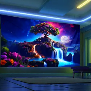 Glow-in-the-Dark Tapestry with Tree and Waterfall Design for Dorm or Living Room Decor, Polyester, Woven, No Installation Required