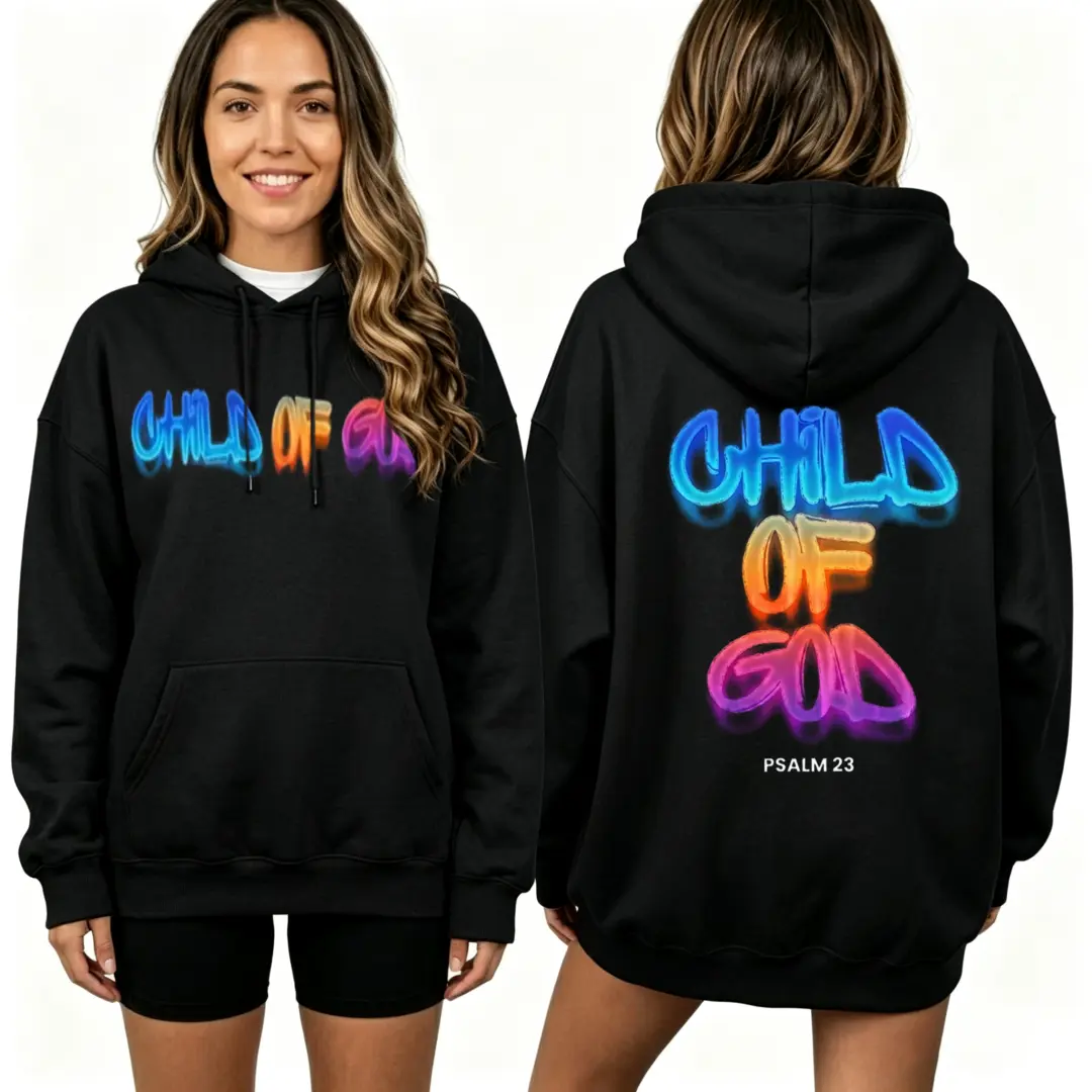 Women Child Of God Psalm 23 Gradient 3D Graffiti Graphic Hoodie Front & Back Print Christian Faith Oversized Pullover Sweatshirt