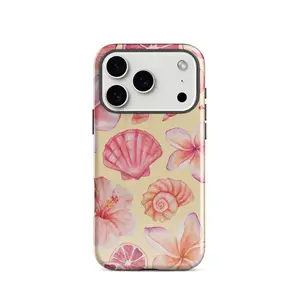 Original Watercolor Tropical Seashell Plumeria Hibiscus Grapefruit Print Phone Case for iPhone 17 Pro Max 16 Pro 15 Pro Samsung S24 S25 Ultra, Soft Full‑Coverage Shockproof Protective Cover, Trendy Summer Beach Coastal Girly Aesthetic Case Compatible