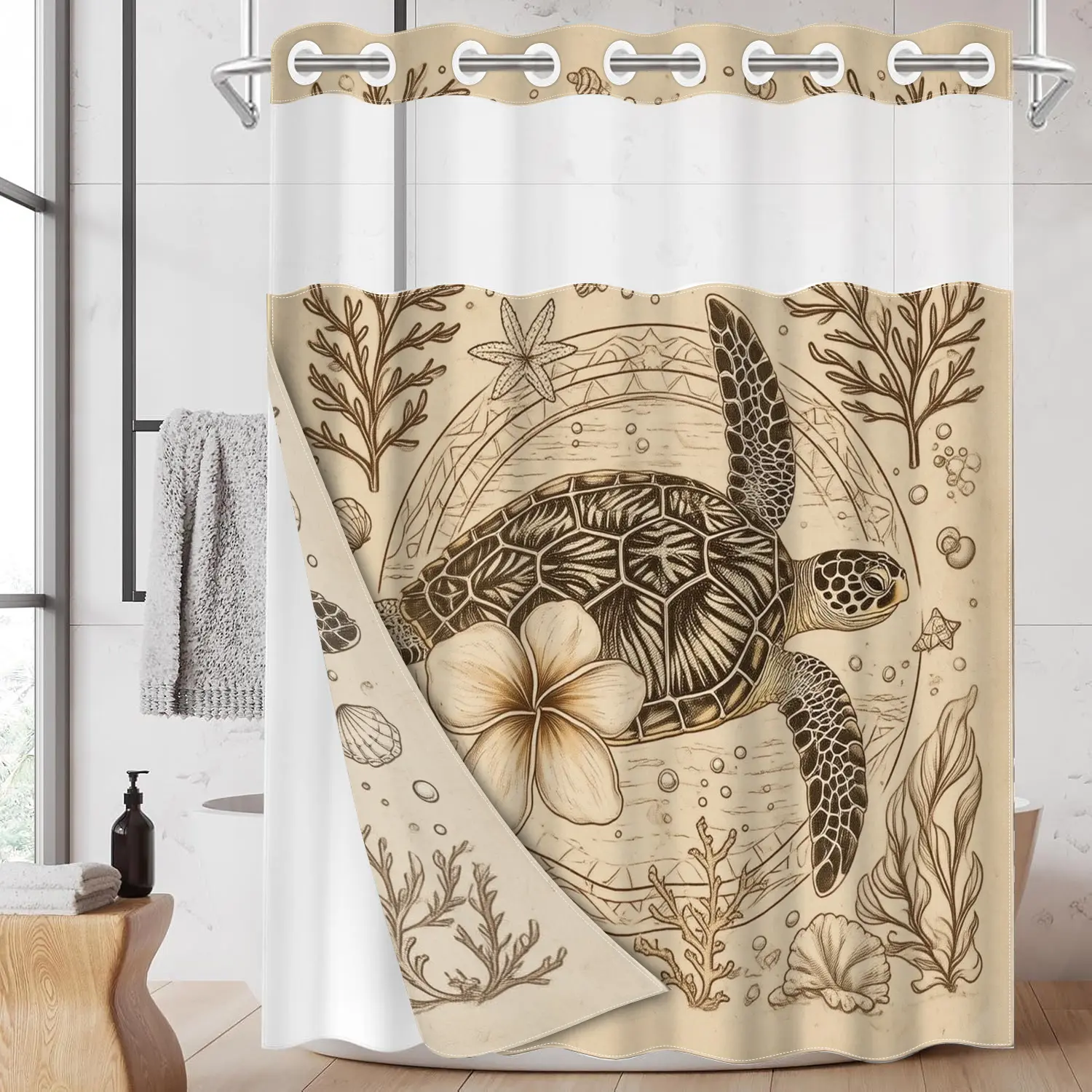 1pc 2D Flat Printing hookless Aesthetic shower curtain liner Sea Turtle with Flower Pattern Fabric waterproof lining shower curtain with transparent window, double-layer shower curtain, 71x74 inches, home decor, Bathroom decor