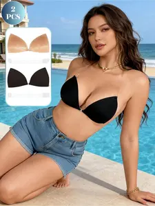 2 Pcs Invisible Adhesive Push Up Bra, Seamless Wireless Strapless Backless Bra with Clear Straps, Deep V Neck Lift Bra for Plus Size, Invisible Nipple Covers for Backless Dresses, Wedding, Party, Daily Wear