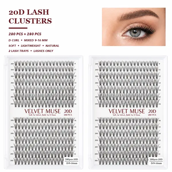 Velvet Muse 20D 40D 60D 80D Lash Clusters 2 Pack D Curl 9-16mm DIY Individual Cluster Lashes Soft Wispy Lashes Only