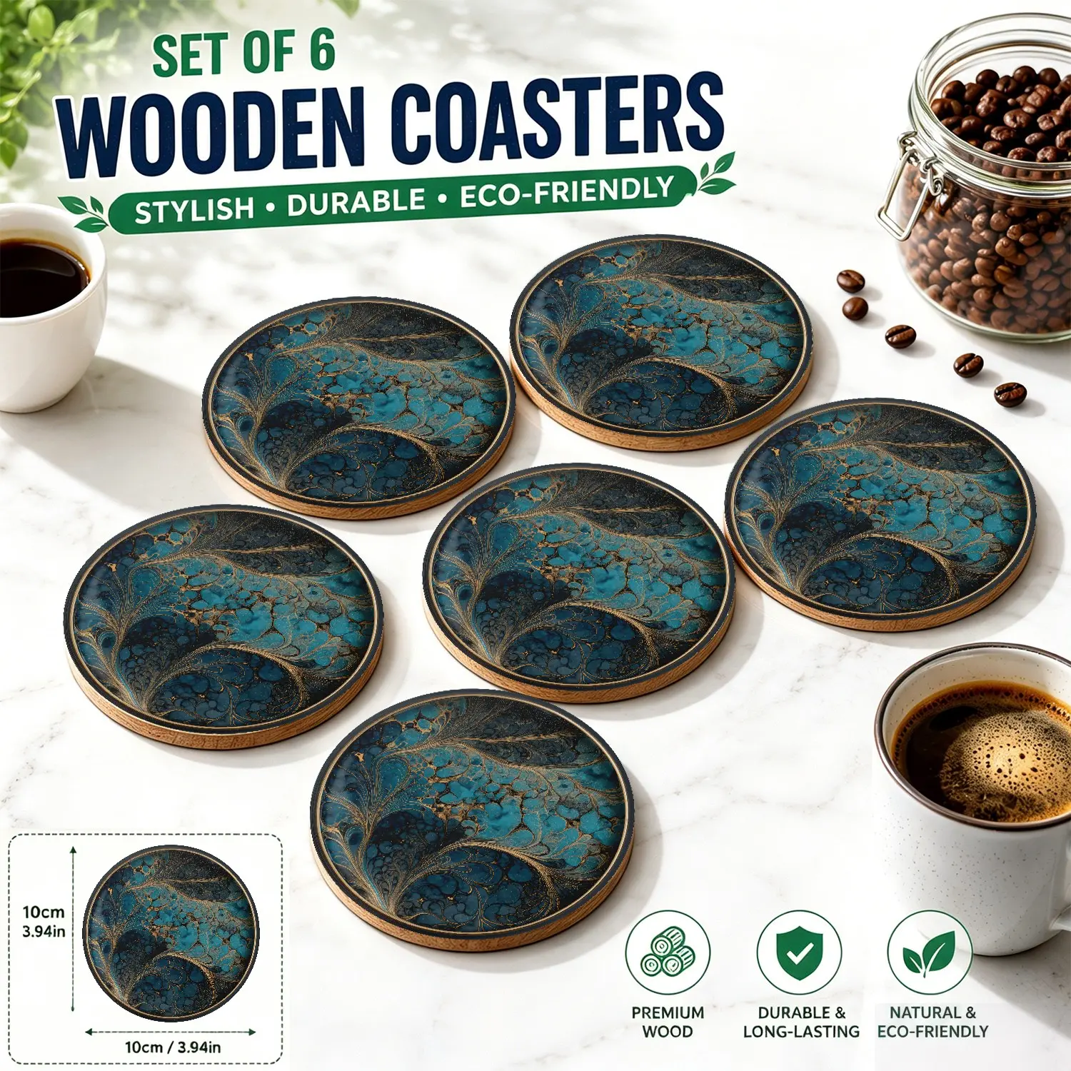 Elegant Blue Marble Coasters Set of 6: Decorative Wooden Cup Coasters, Coasters for Drinks, Drink Mats for Coffee Table, Modern Home Decor, Thoughtful Gift for Coffee Lovers, Stylish Kitchen Accessories 2026