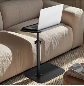 Adjustable Height Modern C-Shaped Side Table | Computer Workstations Foldable Space-Saving Design Coffee Table with Sturdy Metal & Wood Construction, 360° Rotating Laptop Table Perfect for