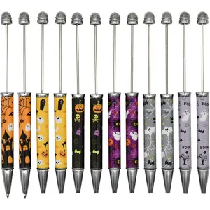 12 count Halloween Beadable Ballpoint Pens Retractable Bead Pen DIY Shaft Beaded Pens Pumpkin Bat Skull Ghost  Hat Style Metal Black Ink for DIY Making School Party Office Crafting