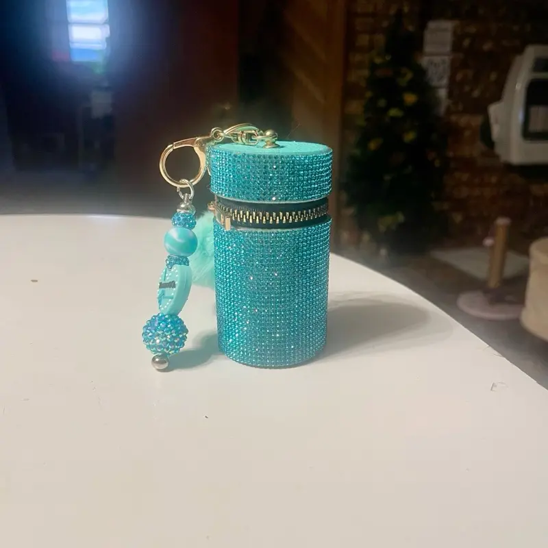 Dazzling Turquoise Rhinestone Lipstick Case Keychain - Glam On-the-Go!