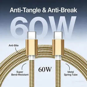 60W USB-C to USB-C Fast Charging Cable, Metal Spring Tube Anti-Bite & Anti-Tangle Cord, Super Bend-Resistant Type-C Charger Cable for iPhone 15/16 Series, Samsung Galaxy, Pixel, iPad Pro