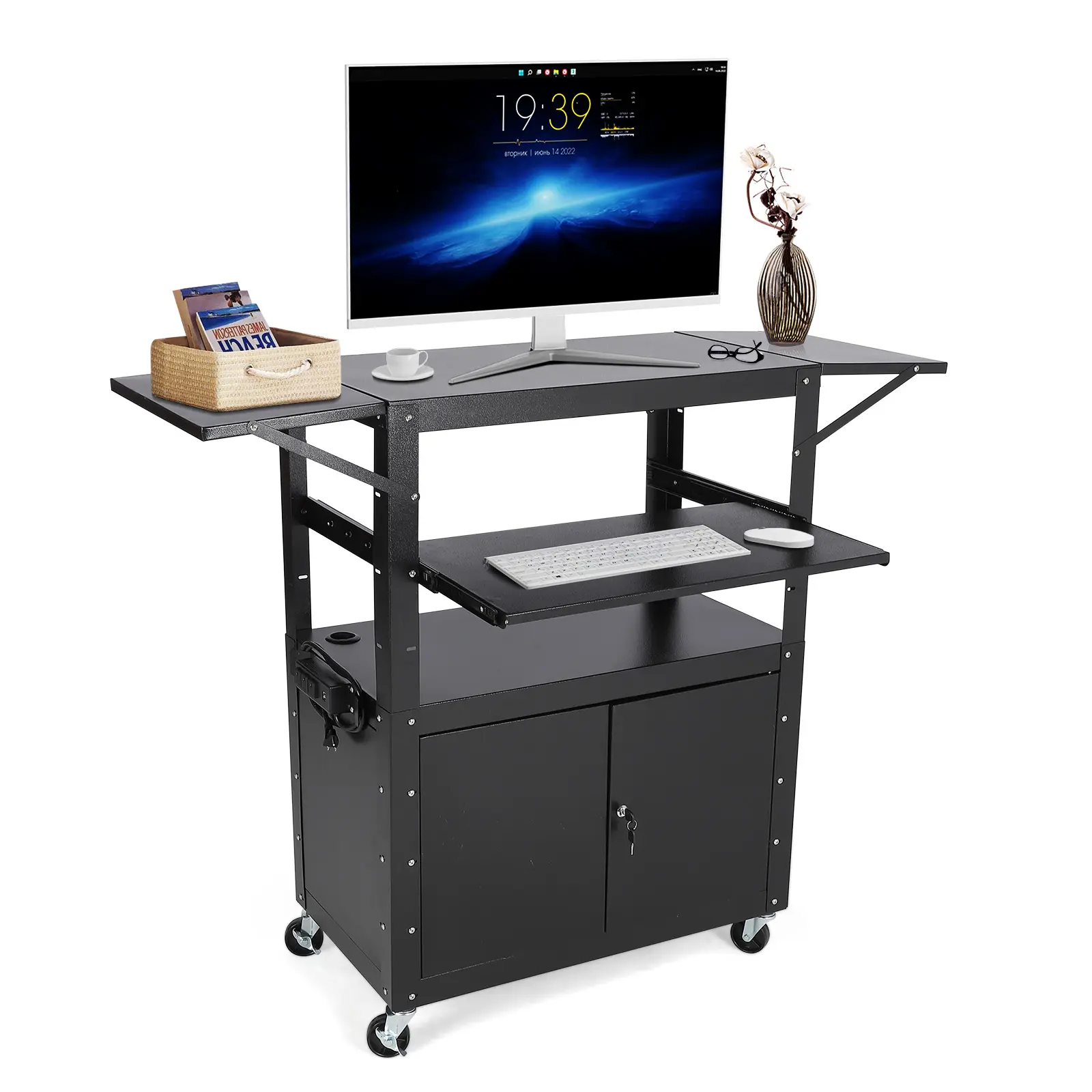 Height Adjustable Rolling AV Cart with Locking Cabinet - Multipurpose Steel Construction - Pullout Keyboard Tray - Power Strip - Extra Storage Space - Mobile Utility Cart for Office, Study Room, or Presentation