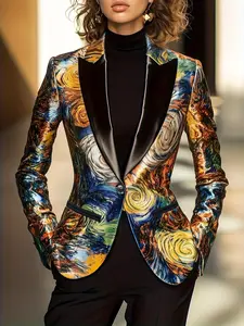 Elegant New Women's Long Sleeves Fitted Print Lapel Neck Blazer Jacket, Lapel Neckline Blazer, Fashionable Single Piece Top, Stylish Outerwear for Ladies, Perfect for Casual and Formal Occasions