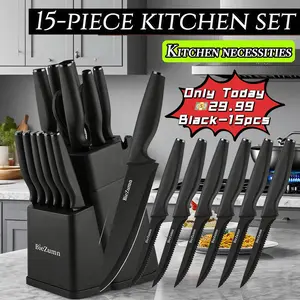 15piece set knife set, including knife holder and sharpening tool - 6 serrated steak knives, sharp stainless steel construction, lightweight and slip-resistant handle, ergonomic design, efficient cutting, durable kitchen essential.