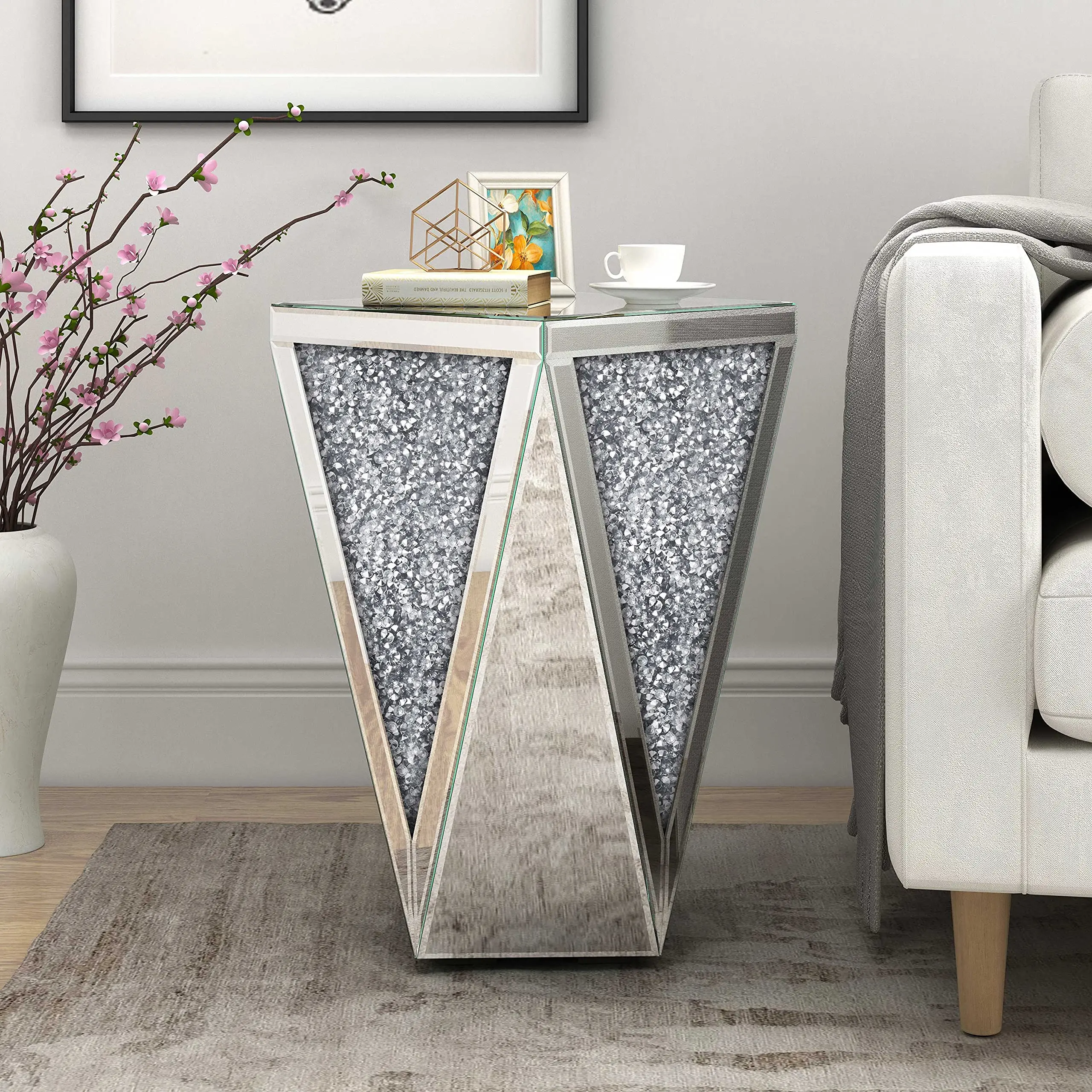 Mirrored Coffee Table Crystal Diamond Setting Coffee Table Silver Glass Side Table Pedestal Station Hallway, Living Room, Corner, Bedroom, Sofa