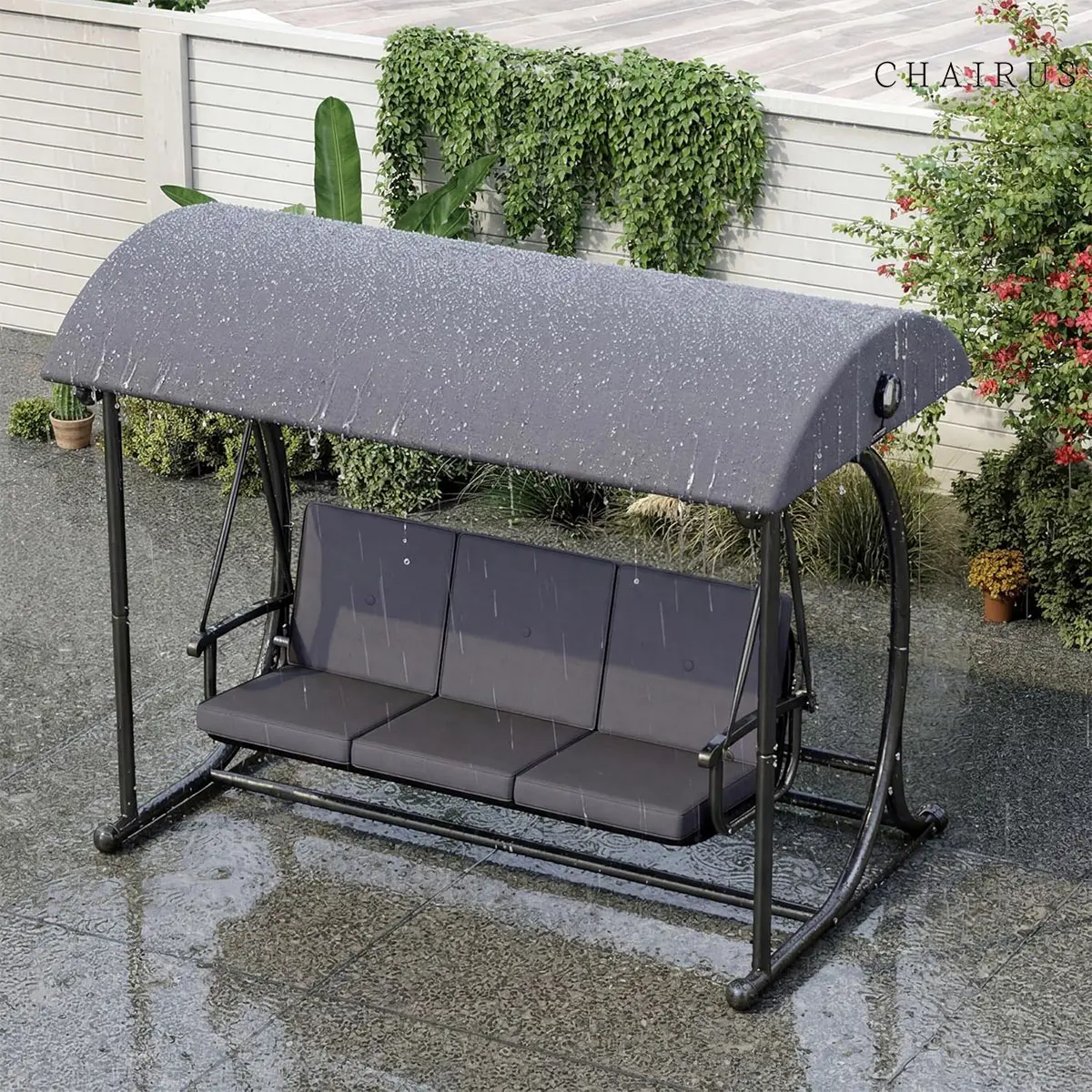 CHAIRUS 3 Seat Patio Swing with Canopy, Convertible Porch Swing Bed for Adults, Heavy Duty Outdoor Swing Chair with Stand for Backyard Garden Balcony, Thick Cushion, Gray