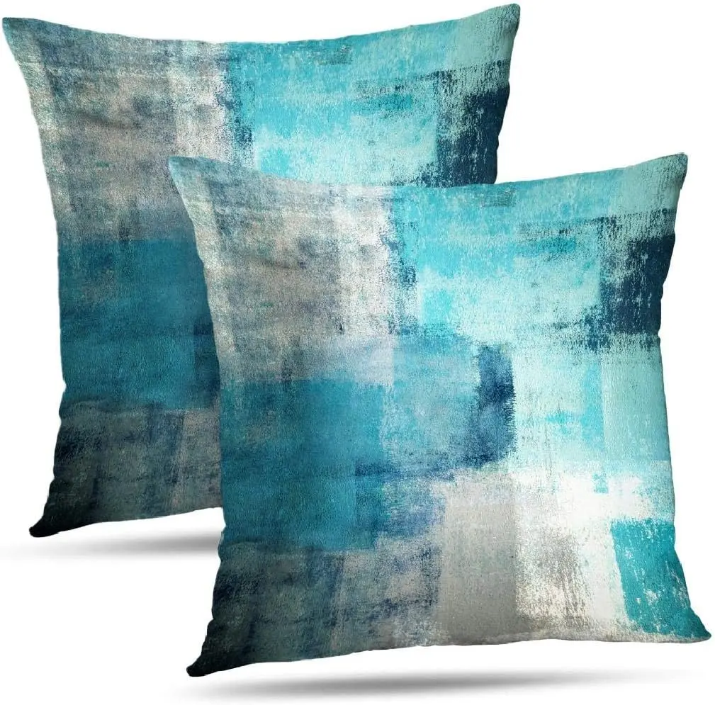 Teal Grey Abstract Art Throw Pillow Covers 18x18 Inch, Set of 2 Double-Sided Modern Turquoise Painting Decorative Pillow Cases, Contemporary Ocean Blue Cushion Covers for Home Sofa Couch Living Room Bedroom