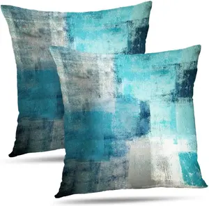 Teal Grey Abstract Art Throw Pillow Covers 18x18 Inch, Set of 2 Double-Sided Modern Turquoise Painting Decorative Pillow Cases, Contemporary Ocean Blue Cushion Covers for Home Sofa Couch Living Room Bedroom