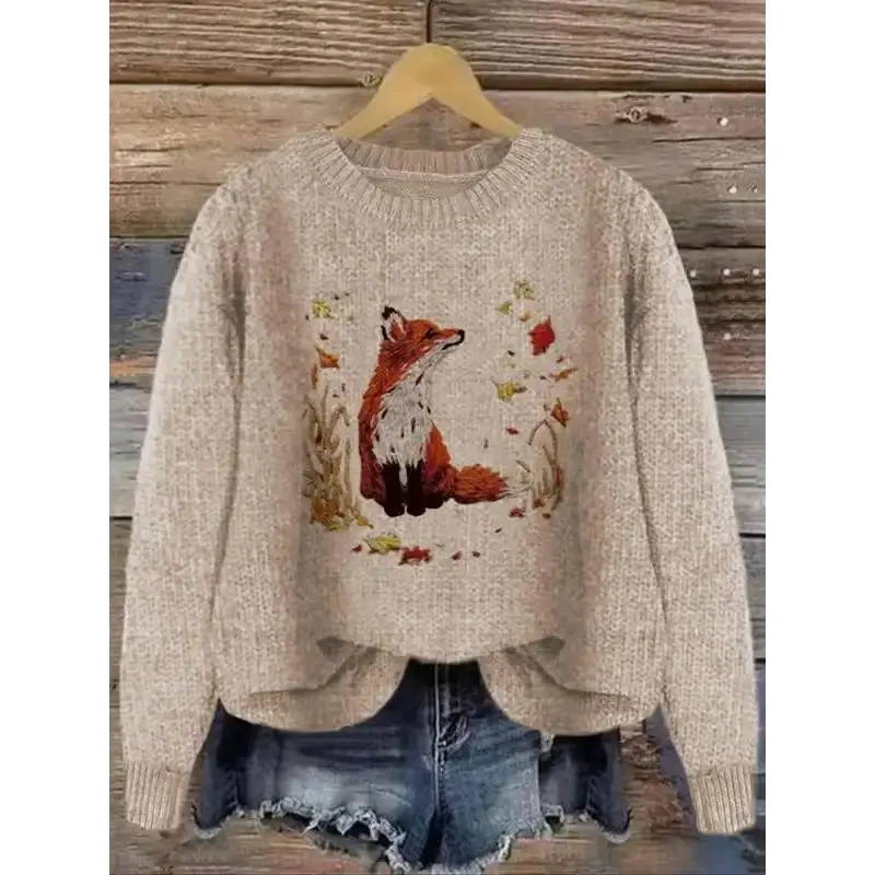 Women's Baggy Knit Sweater, Casual Pullover Tops with Fox Motif and Leaf Accents, Long Sleeve Drop Shoulder for Fall, Oversize, Loose Fit, Fabric