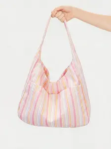 Women's Dopamine Handbag, Large Capacity Shoulder Bag, Casual Commuter Bag Striped Tote Bag Pink, Stylish Daily Use Accessory, Fashionable Versatile Canvas Bag