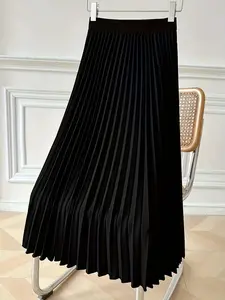 Plus Size Women's Casual New Style Basic Solid Color Simple Pleated Skirt, Comfortable Knit Fabric, Perfect for Daily Wear & Office